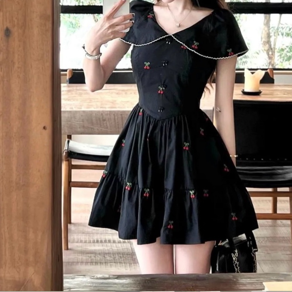Short-Sleeve V-Neck Cherry Mini A-Line Dress